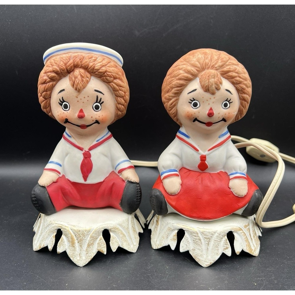 VTG Raggedy Ann & Andy Portable Ceramic Lamp Set Metal‎ Base Underwriter Lab